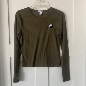 Ribbed Long Sleeve Top with Yin Yang Patch